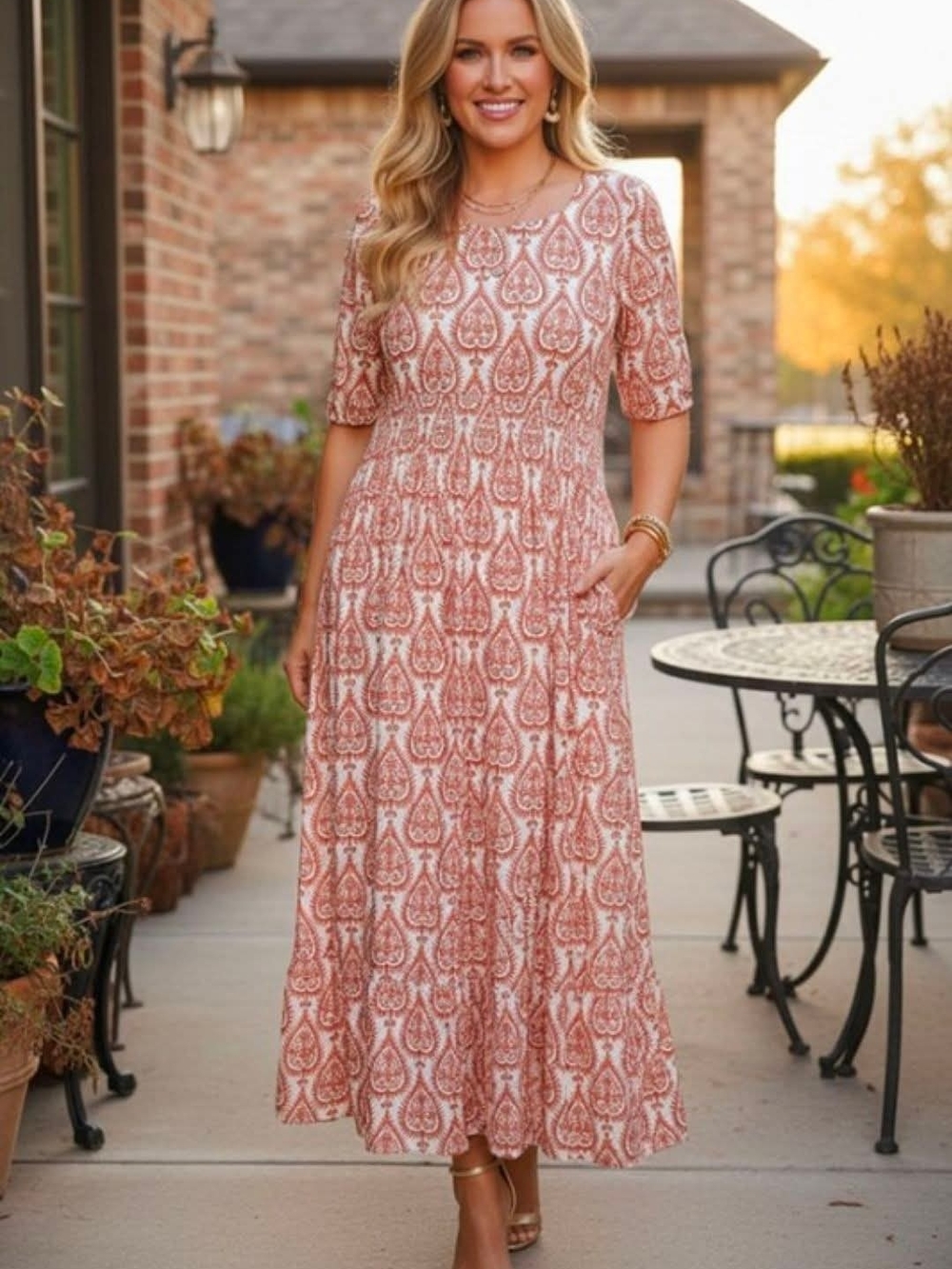New Orange Print Midi Dress